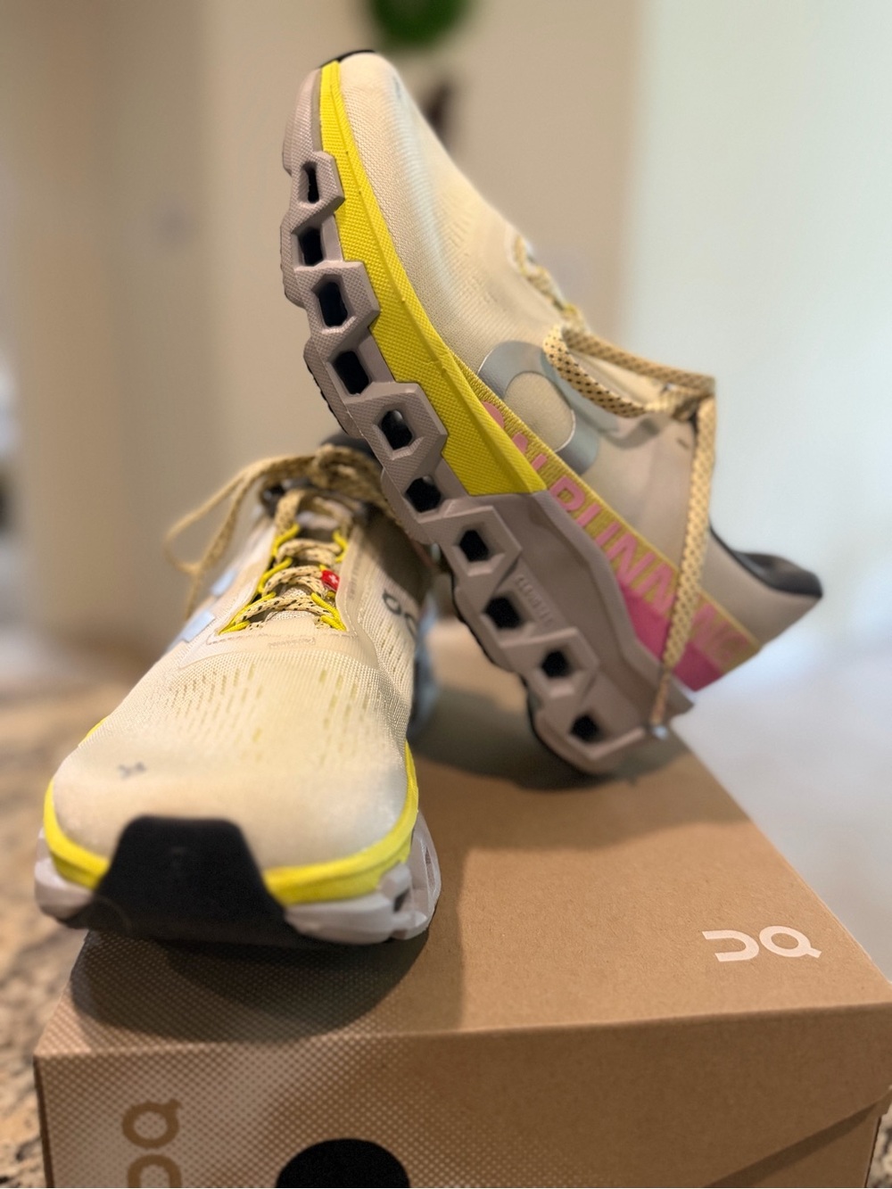 Women’s On Cloudmonster 2 running shoes in the Ivory and Lime